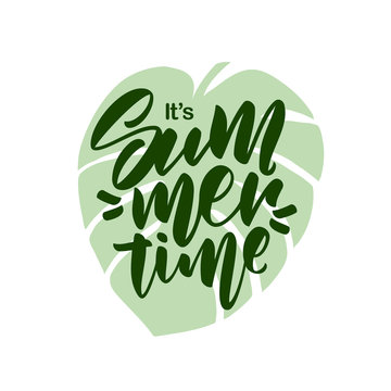 Handwritten brush type lettering composition of It's Summer time on tropical leaf background