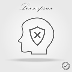 Line human head silhouette and Shield with x sign. Flat style for graphic and web design, Modern simple vector sign. Internet concept. Trendy symbol for website design web button, mobile app.
