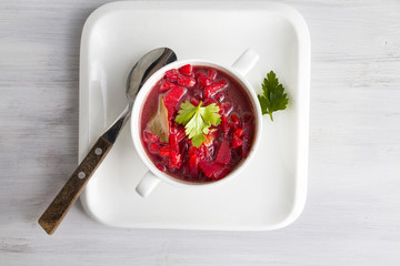 Borsch, red beet soup, Ukranian and Russian signature dish. Top view.