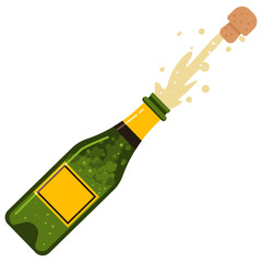 Champagne bottle cork explosion. Vector cartoon flat icon of sparkling wine isolated on white background.