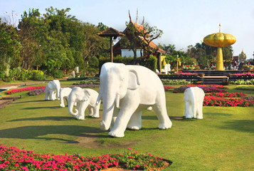 White elephant statues in Royal Park Rajapruek, Chiang Mai, Thailand