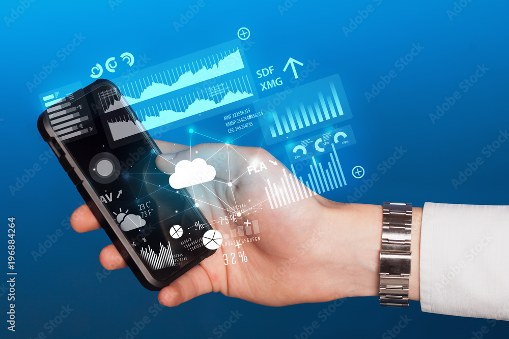 Poster hand using phone with uploading reports and graphs concept