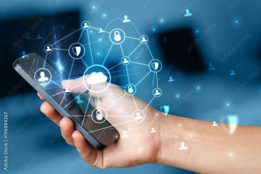 Poster Hand using phone with centralized linked cloud system concept
