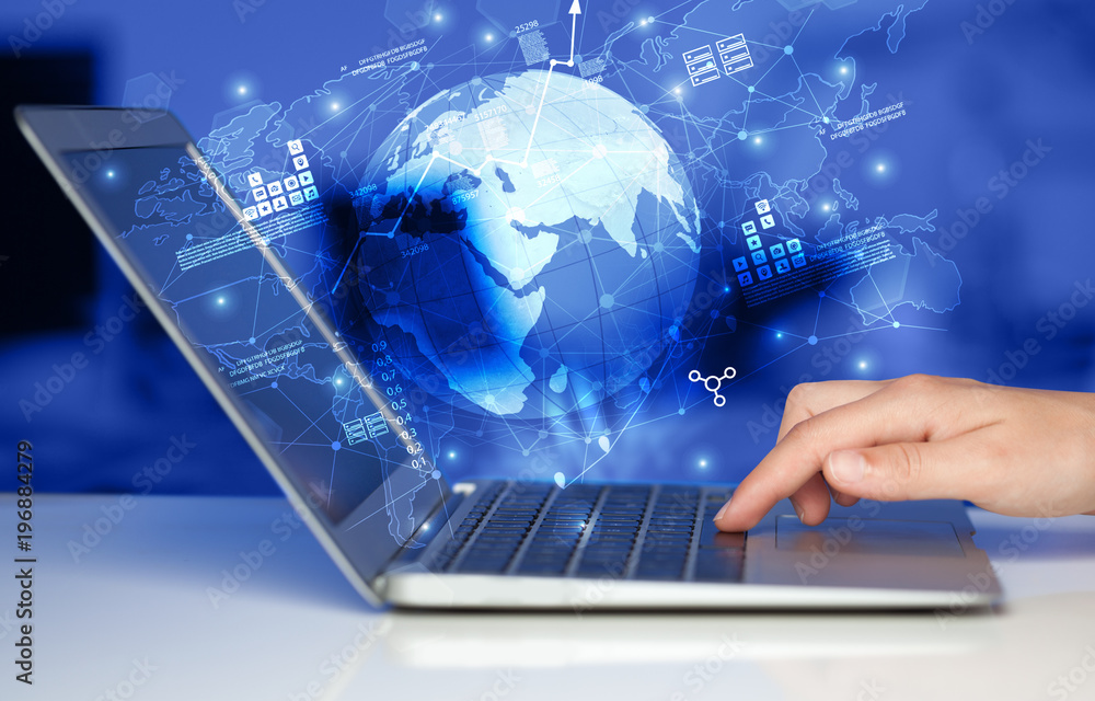 Poster hand using laptop with worldwide reports links and statistics concept