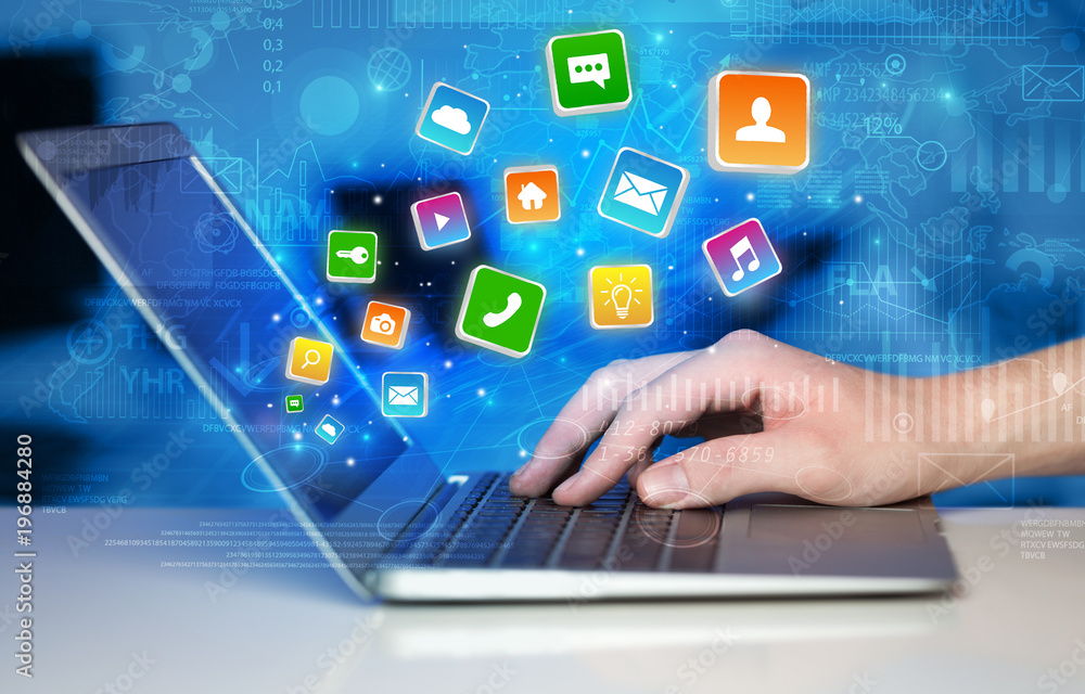 Poster Hand using laptop with bouncing application graphs and report concept