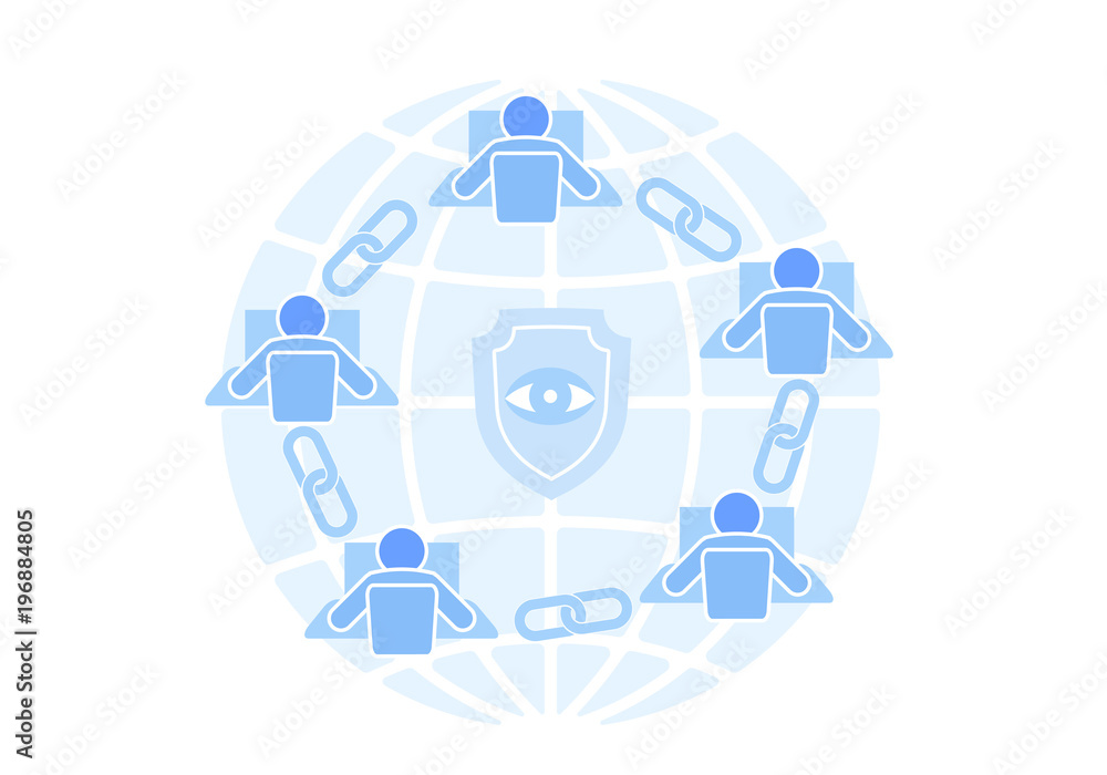 Poster blockchain link sign connection flat design. internet technology chain icon hyperlink security busin