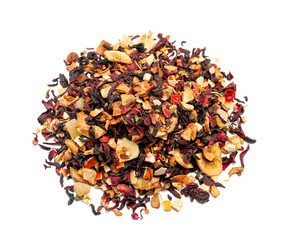 Heap of dry hibiscus tea leaves with fruits on white background