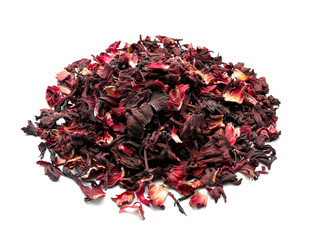 Heap of dry hibiscus tea on white background
