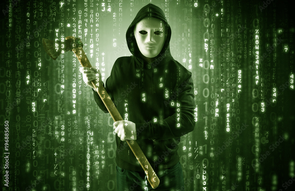 Poster armed hacker in cyber security cloud concept