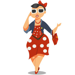 Сute fat girl in sunglasses and a red dress. Young woman plus size cartoon character vector illustration.