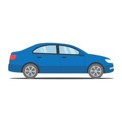Simple modern blue car with shadow. Car in flat design.  Isolated background. 