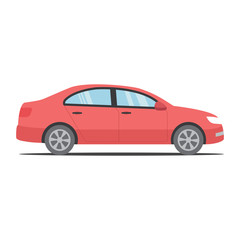 Simple modern red car with shadow. Car in flat design.  Isolated background. 