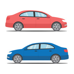 Simple modern blue and red car with shadow. Car in flat design.  Isolated background. 