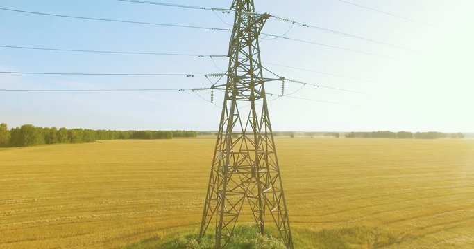 UHD 4K aerial view. Vertical movement flight near high voltage electricity tower and power lines at green and yellow wheat rural field at sunny summer day. Sun rays on horizon.