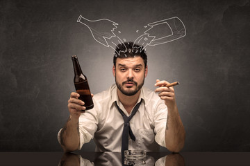 Drunk man with doodle alcohol bottles concept