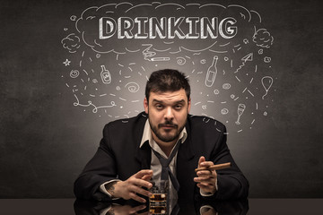 Drunk man with drinking, drug, hangover, alcoholic, drugs concept