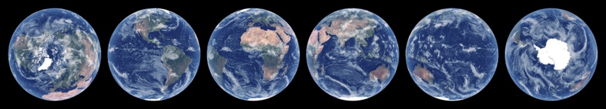 Earth from space. Set of satellite images of planet Earth. Realistic photo of Earth frome above. Space views of hemispheres. Texture of Earth. Elements of this image furnished by NASA.
