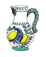 Flat vector illustration of a clay jug with a painting. Handmade by gouache. Russian traditional national product, folklore - 196888471