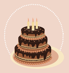 Chocolate tiered cake. Cake with candles. Vector card. Festive cakes. Kiev cake. wedding cake, vanilla cake, celebration congratulations