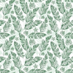 Green palm leaves hibiscus plumeria tropical background seamless