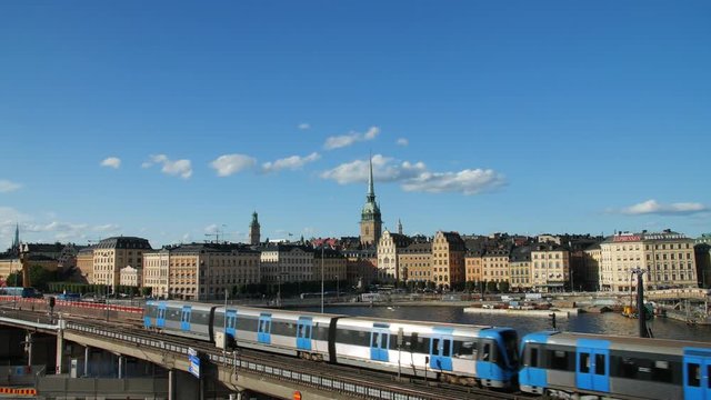 BEAUTIFUL VIEW OF TRAINS AND OLD TOWN AT SUMMER, STOCKHOLM CITY,  SWEDEN