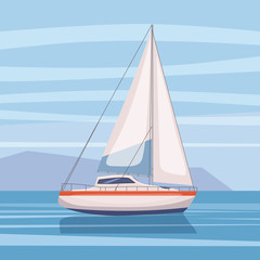 Sailing boat floating on water surface. Vector color illustration. Isolated. Cartoon style
