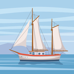 Sailing ship in the sea on seascape, vector illusration, isolated, cartoon style