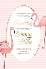Wedding marriage event invitation card template. Exotic flamingo wading birds couple on pink white stripes background. Luxury shiny golden gradient vintage oval border frame and text placeholder.