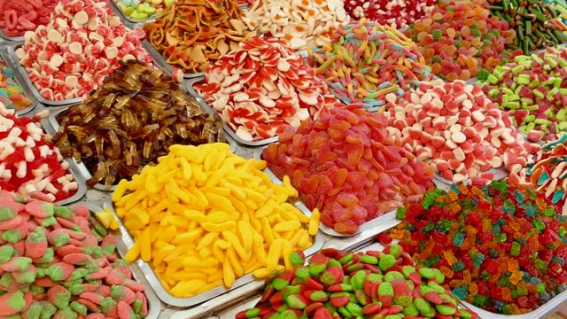 Assorted colorful  jelly candies on display at a local food market