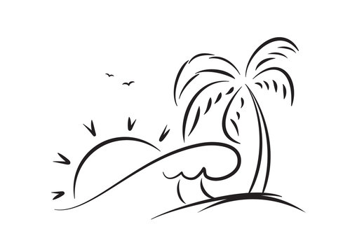 Hand drawn beach landscape with palm tree, ocean wave and sun. Sketch line design