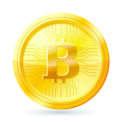 Golden bitcoin coin. Crypto currency golden coin bitcoin symbol isolated on transparent background. Realistic vector illustration.