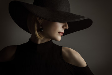 Woman Black Hat, Fashion Model Retro Beauty Portrait, Elegant Lady Wide Broad Brim Hat