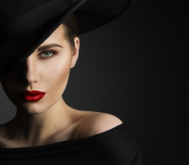 Fashion Model Beauty Portrait, Elegant Woman in Black Hat, Beautiful Lady Lips Eyes Make Up