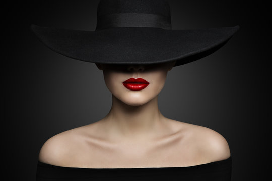 Woman Hat Lips and Shoulder, Elegant Fashion Model in Black Wide Broad Brim Hat, Retro Lady Beauty Portrait