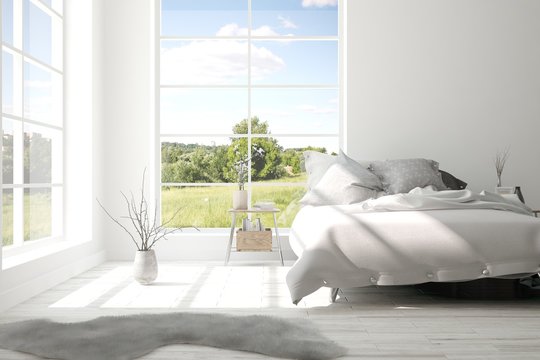 Inspiration of white minimalist  bedroom with summer landscape in window. Scandinavian interior design. 3D illustration