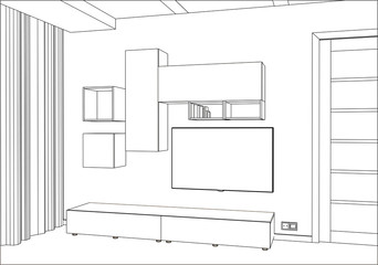 3D vector illustration. TV stand and entertainment center with appliances and decors. Modern living room interior. Modern creative TV furniture. 