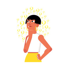 Thinking young woman standing under lot of question marks and reflecting on solution of problem isolated on white background. Cartoon character of perplexed female person. Vector illustration.