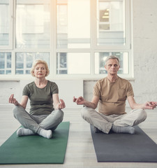 Portrait of peaceful old man and woman sitting in lotus position on carpets with eyes closed