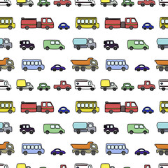 Seamless pattern with cute colorful cars. Vector illustration. Perfect for kids fabric, textile, nursery wallpaper.