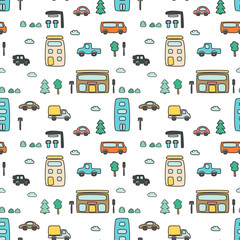 Seamless pattern with hand drawn city print. Cartoon skyscraper, cars, trees, traffic light. Vector illustration.