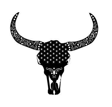 Animal skull, cows head - bull with stars and ornament details, black color vector