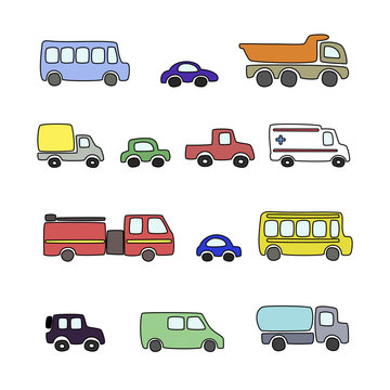 Set of colorful cartoon cars. Vector illustration.