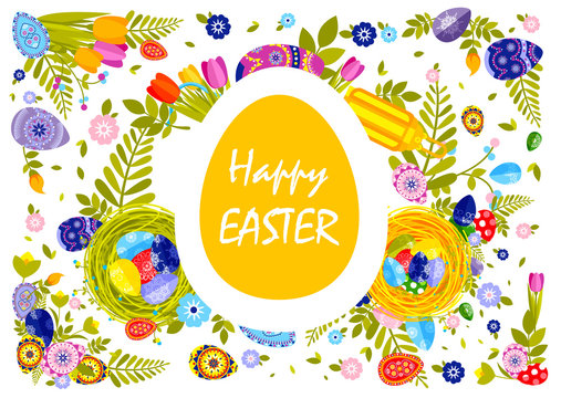 flyer brochure banner with inscription typography Happy Easter on colored yellow egg