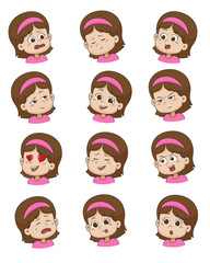 Set of Little girl face expression,vector illustrations isolated on white background.