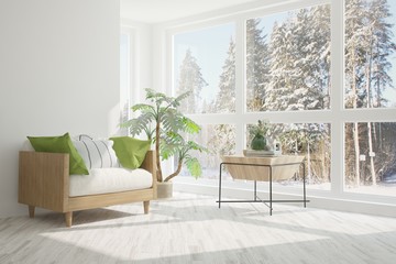 White room with armchair and winter landscape in window. Scandinavian interior design. 3D illustration