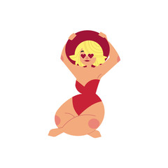 Cartoon plump woman sits at ground or sand in red swimsuit, heart sunglasses hat. Overweight female character summer beach vacation. Chubby blonde hair girl having fun. Vector isolated illustration