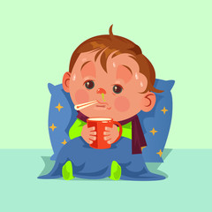 Unhappy sad ill sickness little child character have flu fever runny nose and feeling bad. Healthcare disease concept. Vector flat cartoon illustration