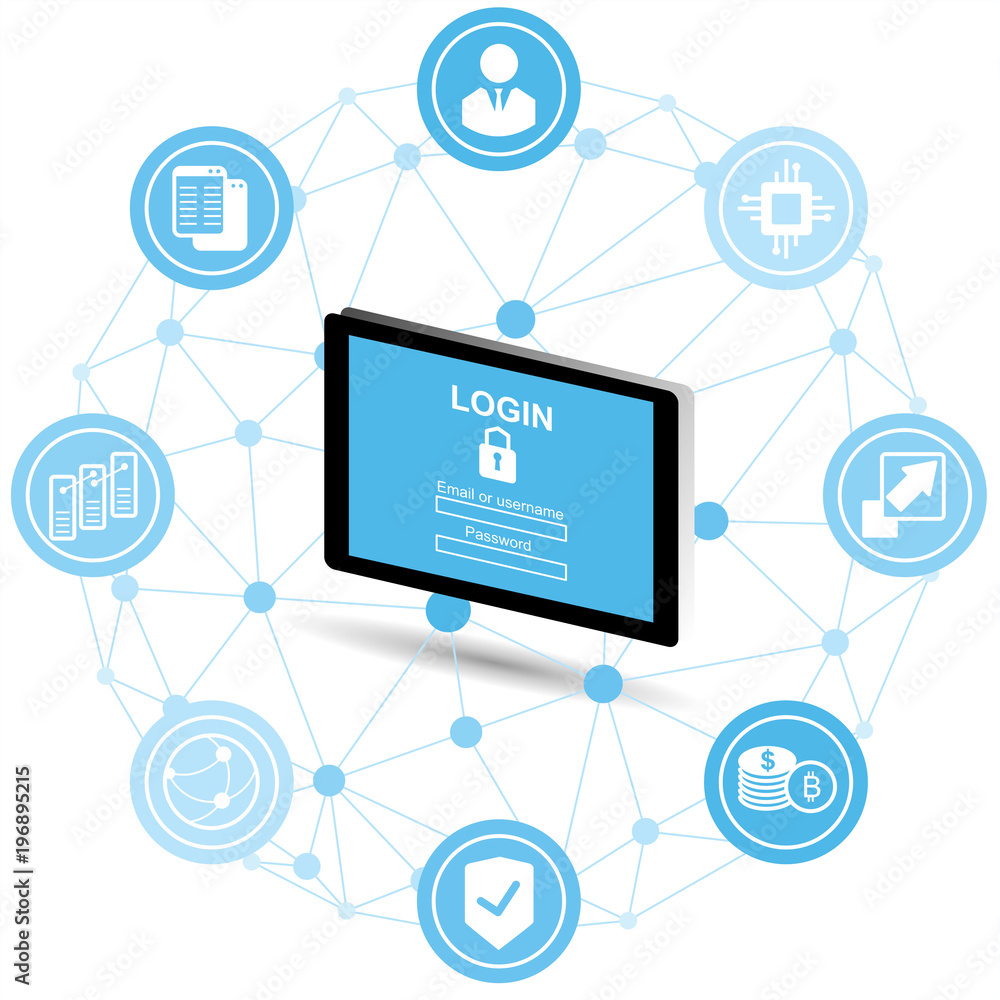 Poster block chain security concept. tablet with security protection and icons for web. protected computer 