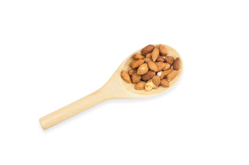 Organic Almonds beans seed on wooden spoon isolated on white background,top view
