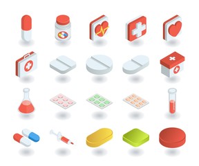 Simple Set of Health and Medicine Icons in flat isometric 3D style. Contains such icons as Pill, Test tube, First aid, Medicine chest and more.